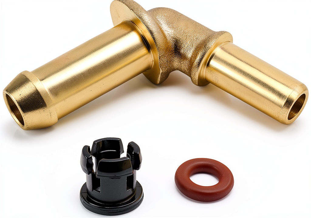 Lyxheth thermostat hose connector installed on a Land Rover engine block