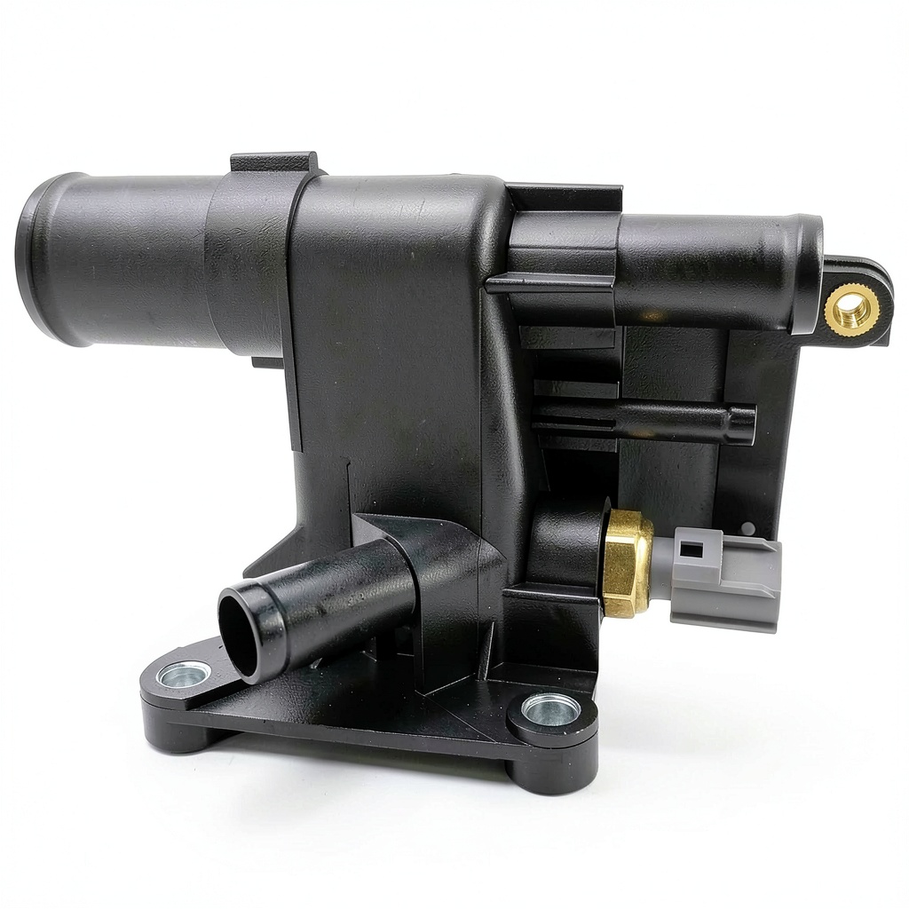 Installing Coolant Water Outlet Okay Motor Mazda 3 OEM LF941517Z on a wooden workbench