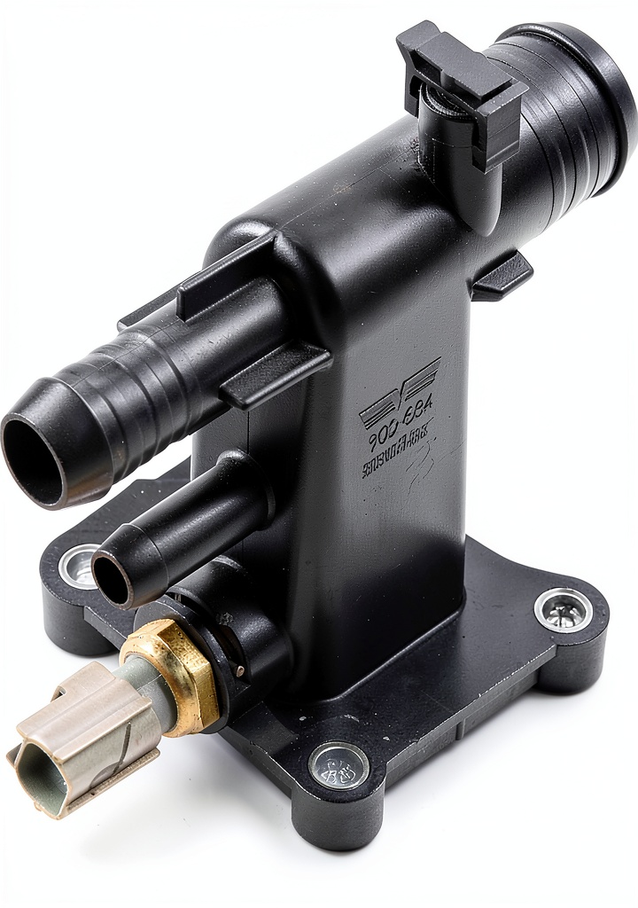 Installing Dorman Engine Coolant Water Outlet Replacement on a garage workbench